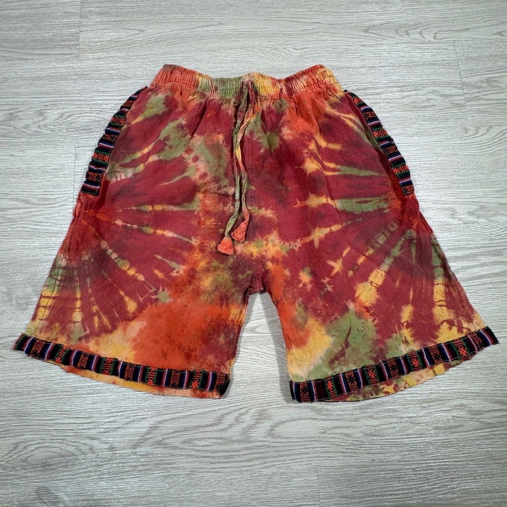 Shop Therapy Mens Tie Dye Shorts Red Green Cotton Nepal M/L Boho Hippie Festival